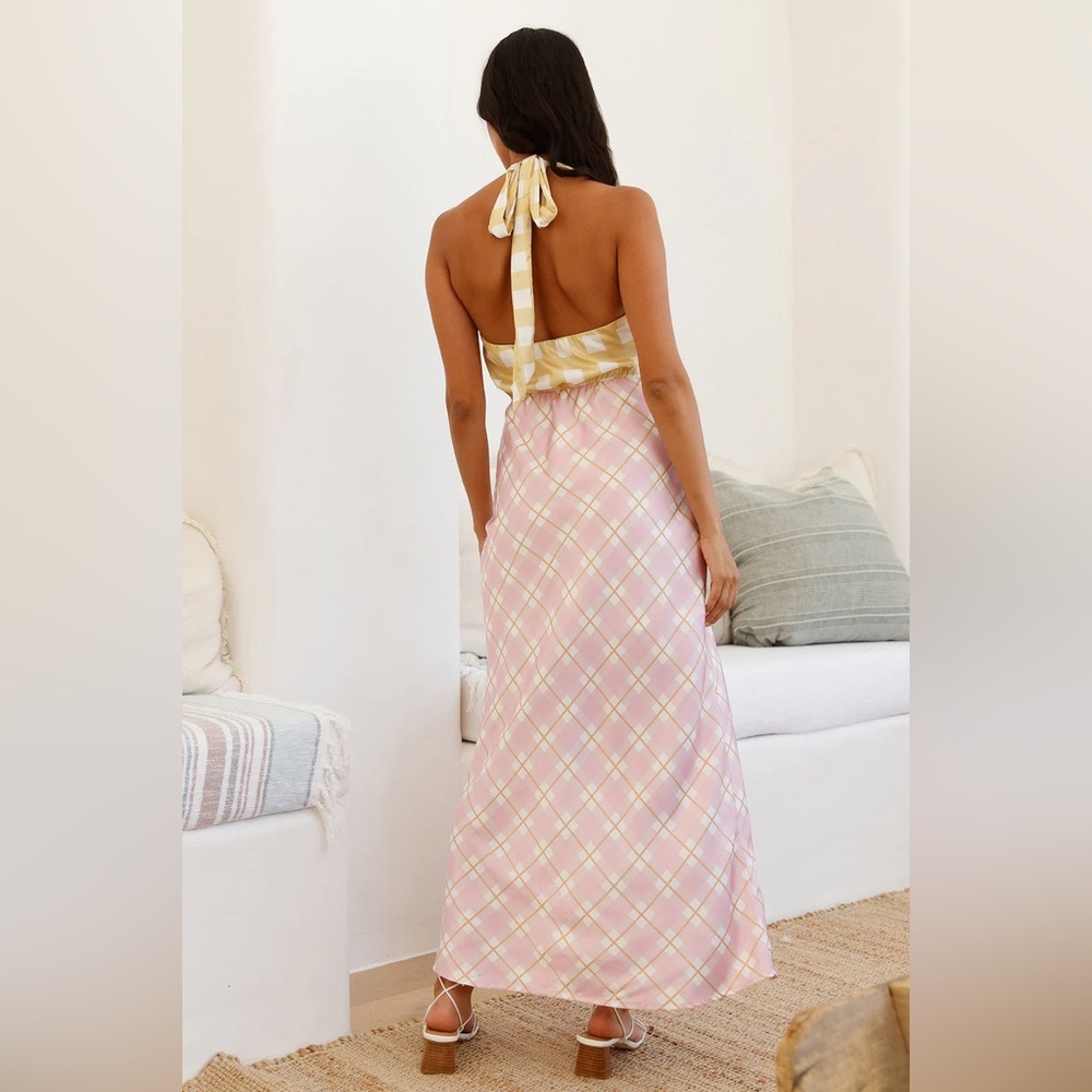 Picnic Plaid Satin Midi Dress Halter Y2K Slip AU 6 US XS - Picture 3 of 16
